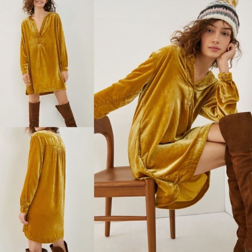 Anthropologie S Mustard Yellow Gold Melody Velvet Long Sleeve Tunic Dress